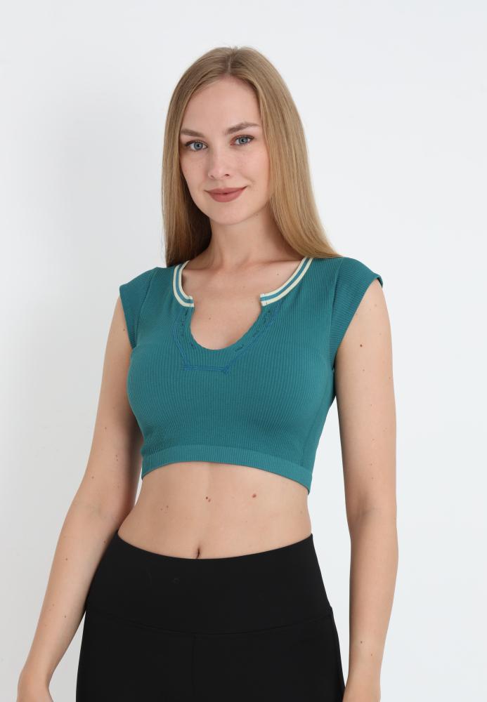 Crop Tricou Damă cu Mânecă Scurtă ,Culoarea Verde, Engros